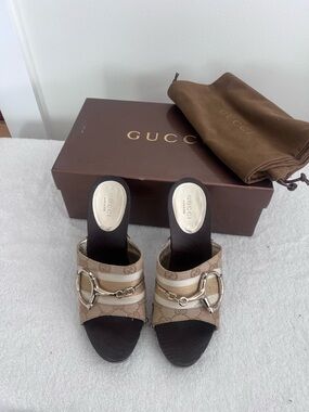 Gucci Beige Brown Canvas Horsebit Slide Mules